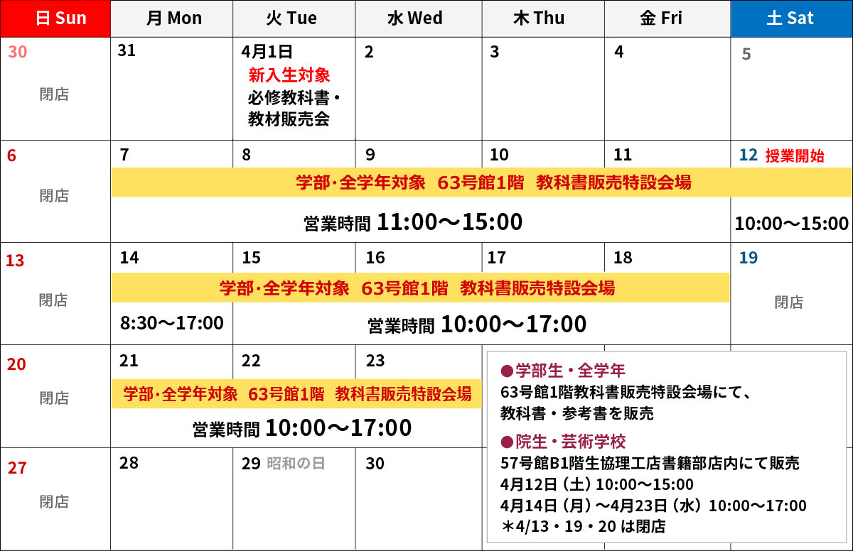 【2024年春学期】早稲田大学生協理工店・教科書販売特設会場営業時間